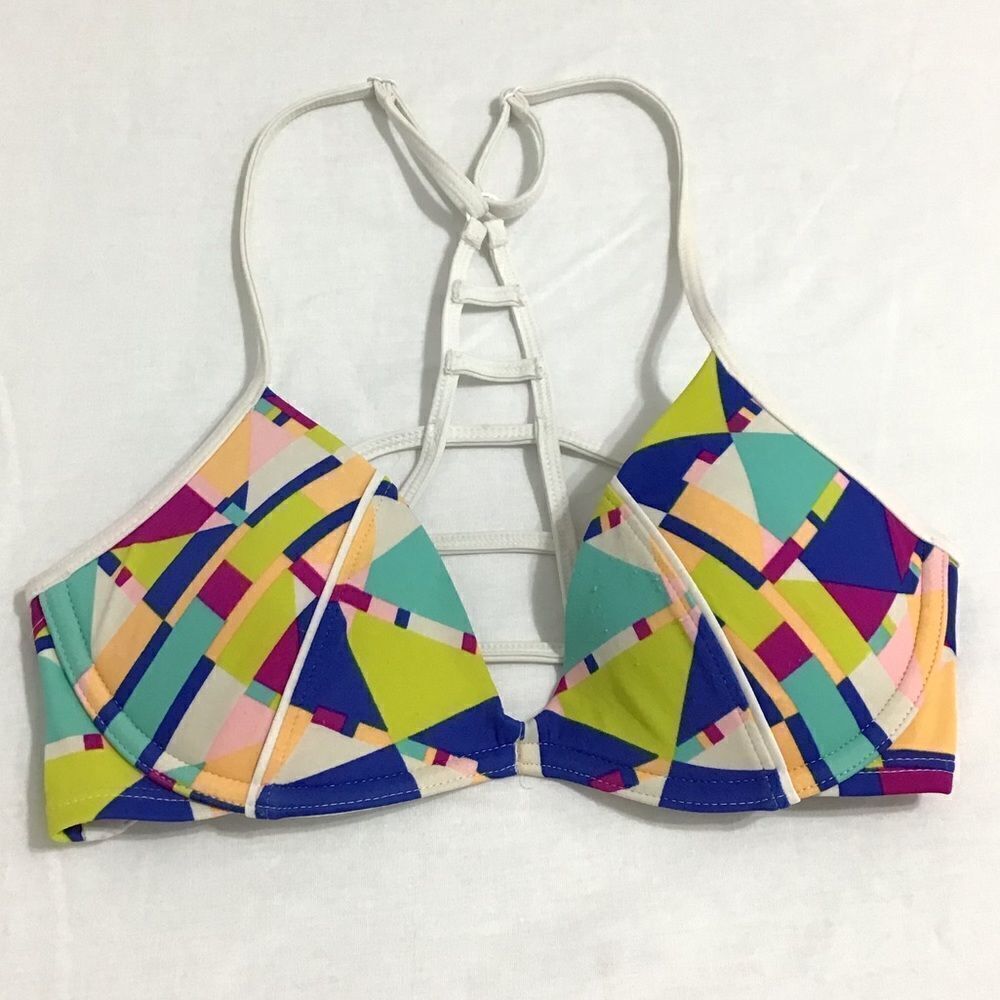 Pink Geometric Print Racer Back Bikini Swimsuit Top Size XS